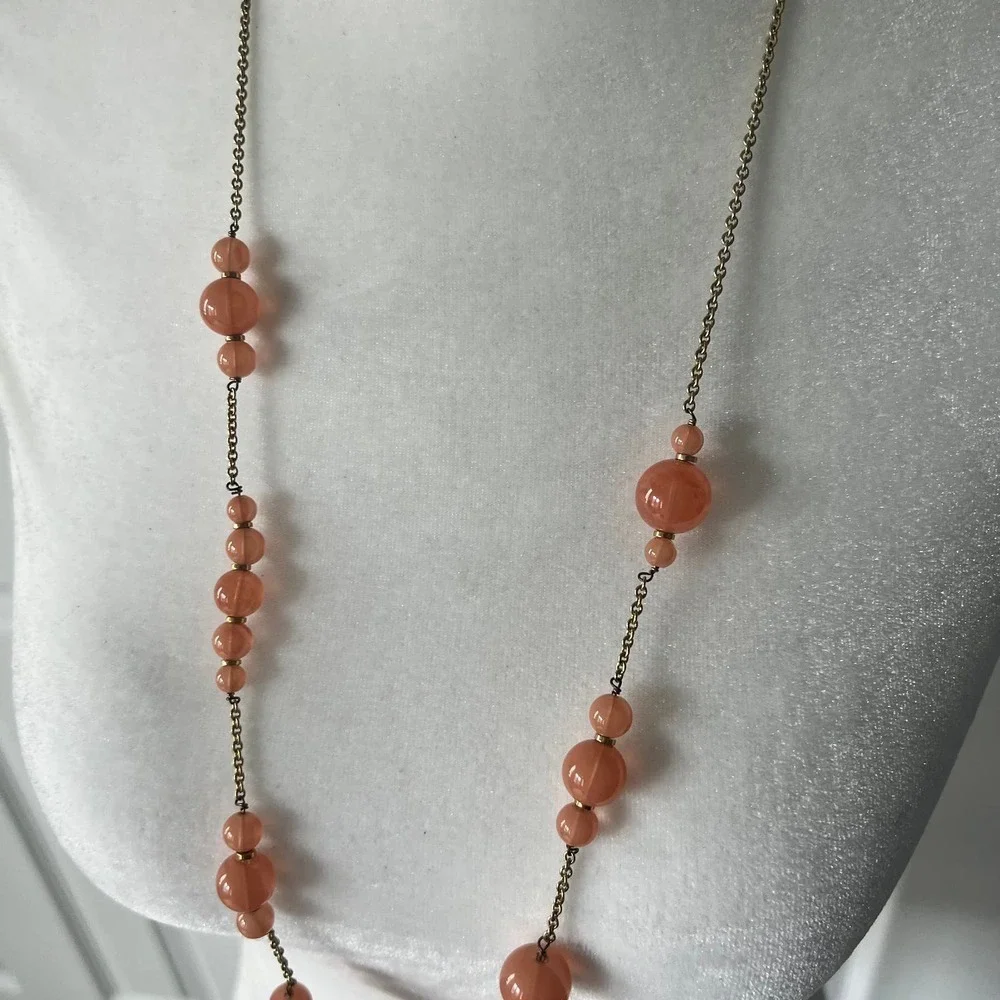 J. Crew Long Pink Peach Salmon Beaded Station Necklace on Gold Tone Chain